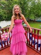 Ball Gown Square Neck Tulle Ruffle Tiered Prom Dresses