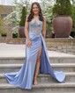 Sheath/Column Sweetheart Satin Corset Prom Dresses With Appliques