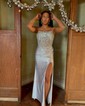 Sheath/Column Scoop Neck Satin Corset Prom Dresses With Appliques