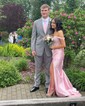 Sheath/Column Off-the-shoulder Satin Corset Prom Dresses With Appliques