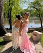 Sheath/Column Off-the-shoulder Satin Corset Prom Dresses With Appliques