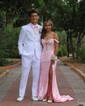 Sheath/Column Off-the-shoulder Satin Corset Prom Dresses With Appliques