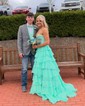 Ball Gown Strapless Chiffon Tiered Prom Dresses With Beading