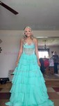 Ball Gown Strapless Chiffon Tiered Prom Dresses With Beading