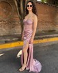 Sheath/Column V-neck Satin Corset Prom Dresses With Ruched