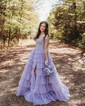 Ball Gown Strapless Tulle Ruffle Tiered Prom Dresses
