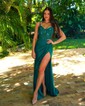 Sheath/Column V-neck Ruched Jersey Prom Dresses With Appliques