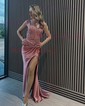 Sheath/Column V-neck Ruched Jersey Prom Dresses With Appliques