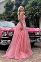 Ball Gown V-neck Tulle Backless Sparkly Prom Dresses With Appliques