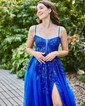 Ball Gown V-neck Tulle Backless Sparkly Prom Dresses With Appliques