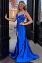 Mermaid V-neck Satin Cut Out Prom Dresses with Ruched