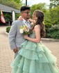 Princess V-neck Organza Tiered Prom Dresses With Appliques