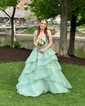 Princess V-neck Organza Tiered Prom Dresses With Appliques