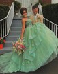 Princess V-neck Organza Tiered Prom Dresses With Appliques