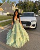 Princess V-neck Organza Tiered Prom Dresses With Appliques