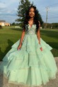 Princess V-neck Organza Tiered Prom Dresses With Appliques