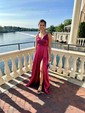 A-line V-neck Silk-like Satin Floor-length Prom Dresses With Split Front