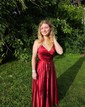 A-line V-neck Silk-like Satin Floor-length Prom Dresses With Split Front