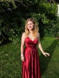 A-line V-neck Silk-like Satin Floor-length Prom Dresses With Split Front