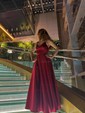 A-line V-neck Silk-like Satin Floor-length Prom Dresses With Split Front