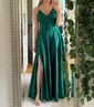 A-line V-neck Silk-like Satin Floor-length Prom Dresses With Split Front