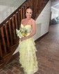 Ball Gown Strapless Chiffon Tiered Prom Dresses With Appliques