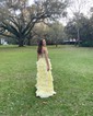 Ball Gown Strapless Chiffon Tiered Prom Dresses With Appliques