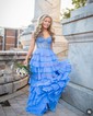 Ball Gown Strapless Chiffon Tiered Prom Dresses With Appliques