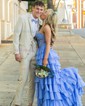 Ball Gown Strapless Chiffon Tiered Prom Dresses With Appliques