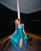 Ink Blue A-line V-neck Satin Prom Dresses With Ruched