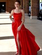 Red A-line Square Neck Satin Prom Dresses With Ruched