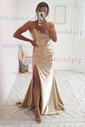 Sheath/Column Cowl Neck Satin Prom Dresses With Ruched