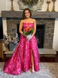 Ball Gown Strapless Satin Floral Prom Dresses With Ruched