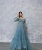 Ball Gown Off-the-shoulder Tulle Corset Prom Dresses With Puff Sleeve