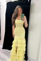 Mermaid Strapless Chiffon Tiered Prom Dresses With Appliques