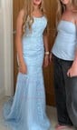 Mermaid Scoop Neck Tulle Prom Dresses With Appliques